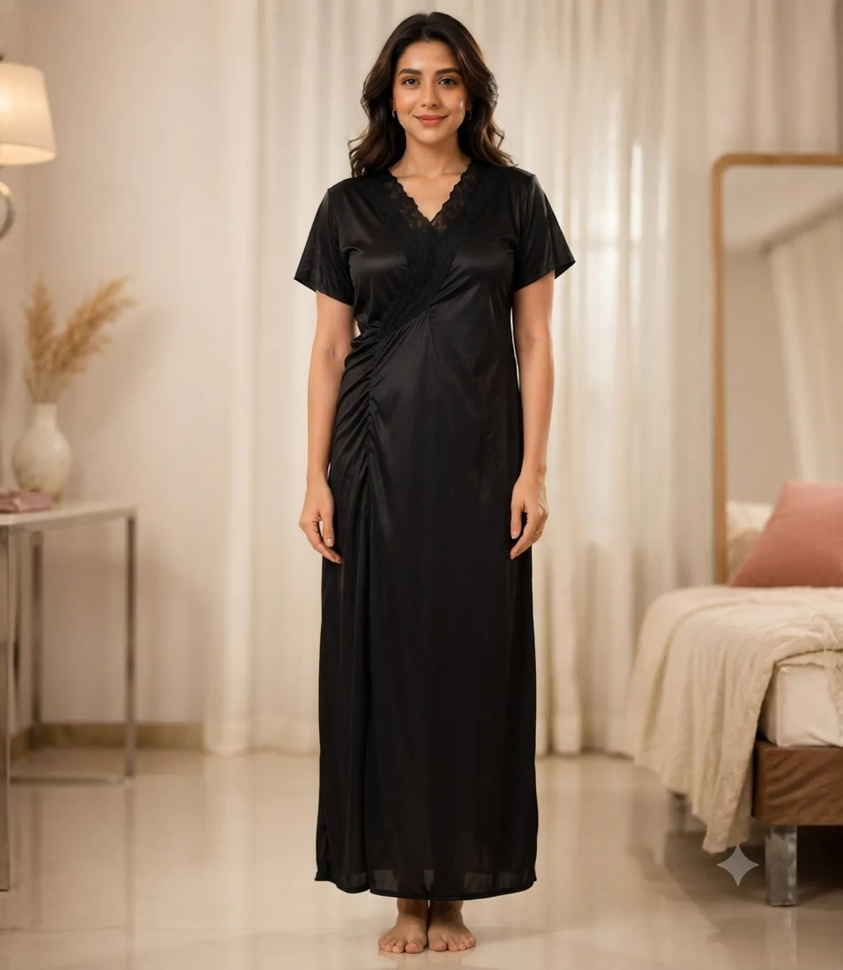 Midnight Elegance Black 2-Piece Satin Nightwear Set